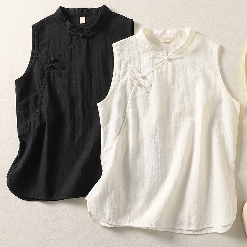 Women's Summer Cotton Linen Vest Blouse Vintage Sleeveless