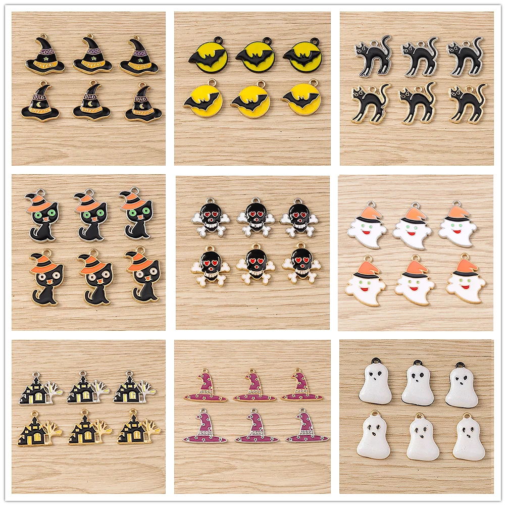 Tusember 20 Stück Emaille-Hexenhut-Katzen-Schädel-Fledermaus-Spinnen-Charm-Anhänger für Halsketten, Ohrringe, DIY-Armbänder, Halloween-Schmuckherstellung – Detail 1