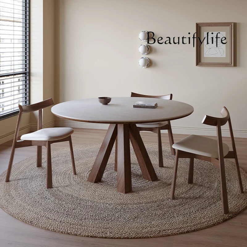 Nordic solid wood rock slab dining table and chair combination French retro home round dining table wabi-sabi round table