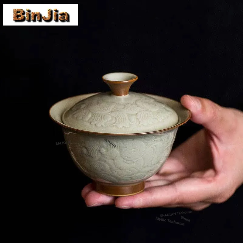 130ml Honey Glazed Relief Peony Gaiwan Boutique Tea Tureen Household Tea Bowl With Lid Kit Tea Maker Cover Bowl Cafes Gift Craft