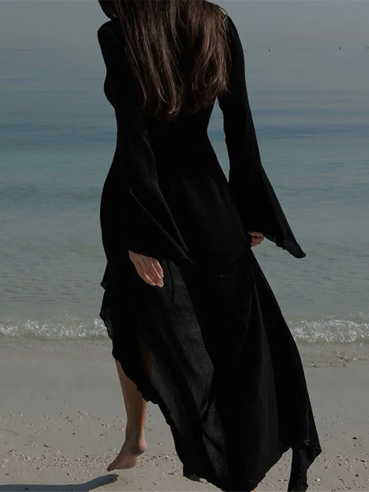 ヤミニア フラウンス セクシー Vネック フリル付き 長袖 シフォン チュニック ビーチカバーアップ ドレス ビーチウェア 女性用