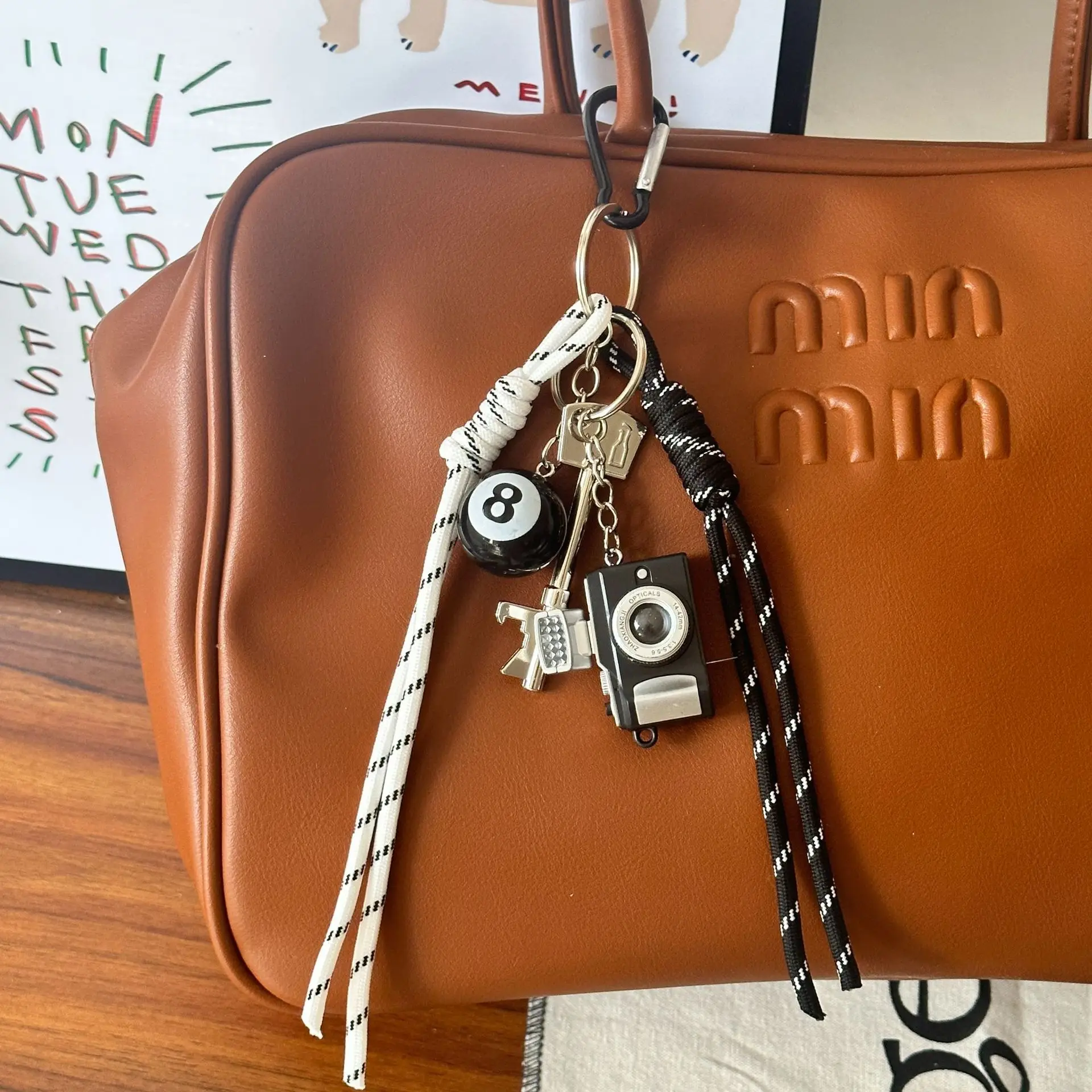 Vintage Rope Black 8 Mini Camera Keychain Bag Charms for Women Men Handbag Y2k Bag Accessories Car Key Pendants Backpack Gifts
