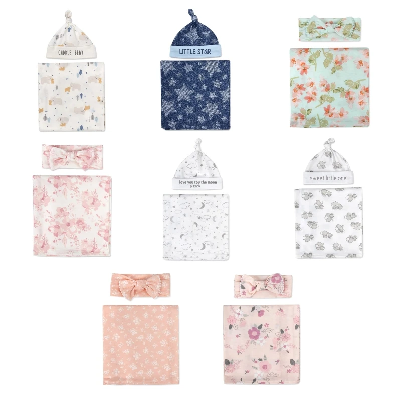 2 peças bebê recém-nascido microfibra swaddle wrap com gorro chapéu headwrap conjunto bonito floral animal impressão infantil recebendo cobertor