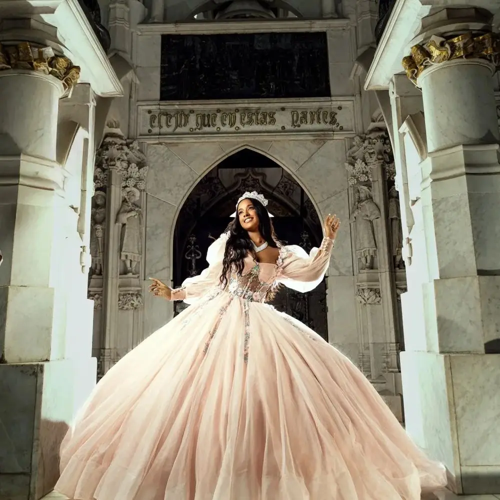 فستان FURSTENBERG Quinceeneara للفتيات السود بأكمام طويلة وطول الأرض فساتين حفلات الزهور 15 Anos Vestido مخصص #3