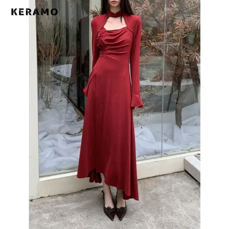 Vintage seksowne z długim rękawem kwiatowe aplikacje Slim Fit sukienki Midi 2023 wiosna damski elegancki kwadratowy kołnierzyk czerwona sukienka trapezowa