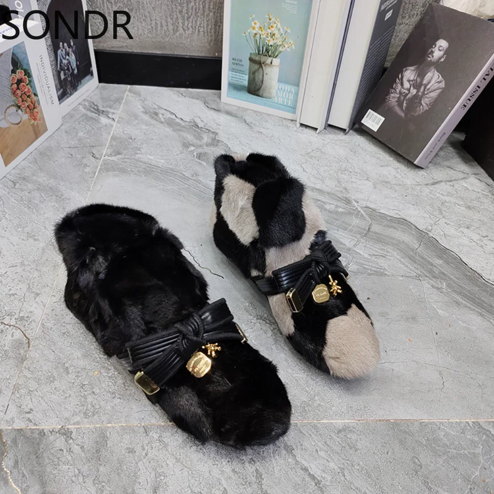 Womens Real Mink Fur Bow Ankle Boots Snow Leopard Mixed Colors Warm Winter Shoes Thick Furry Luxury