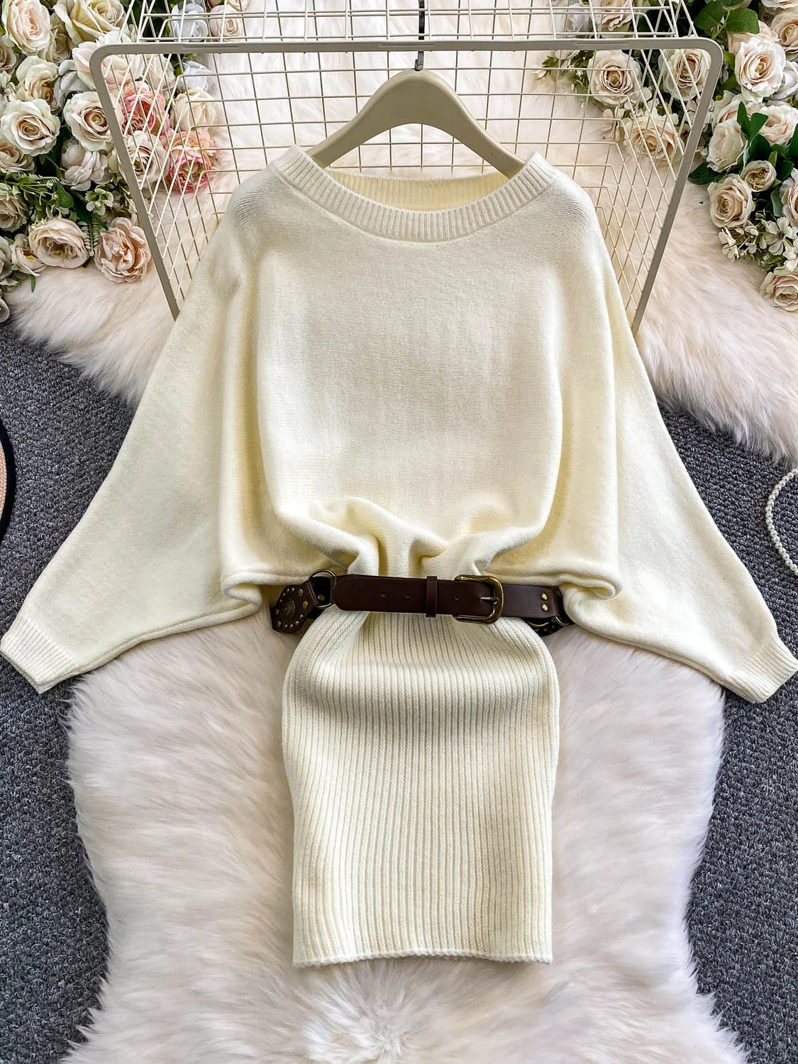 Korean Sle Batwing Sve Knitted Dr Women's High Waist Slim Fit Wrap Bodycon Sweater Dr Ci Commute X-ape Silhouette