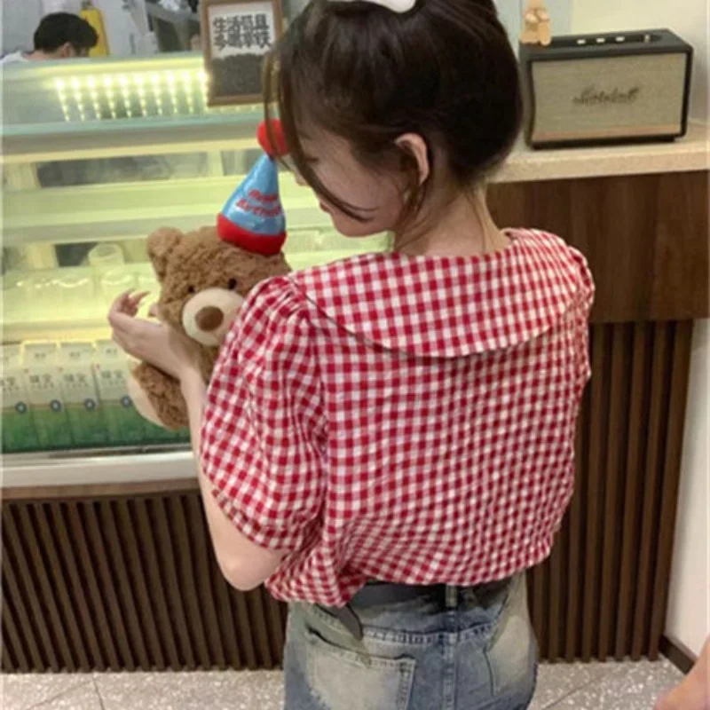 Lovely Shirts Women Vintage Girlish Short-sleeve Summer Plaid Chic Peter Pan Collar Leisure Students Ruched Aesthetic Designed