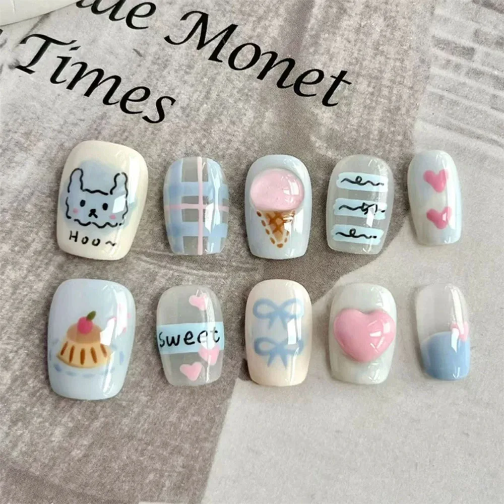 Korean Hand-Drawn Style Critter Handmade Nail Patch Glitter Stars Kitty Polka Dots Bowknot Short Round Fake Nails Birthday Gift