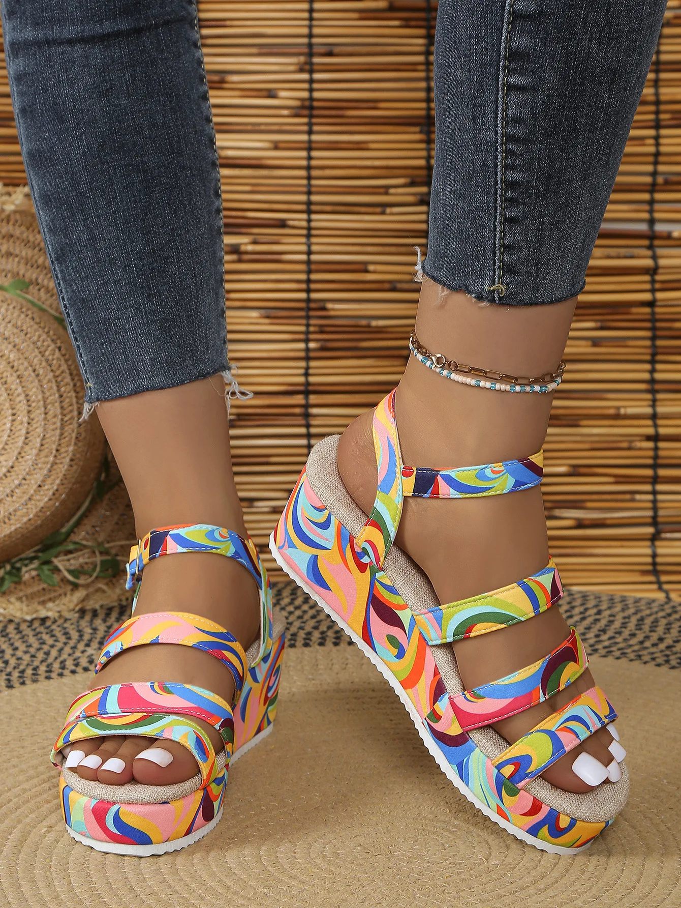 2024 European and American plus size high-top colored high-rise buckle sandals for women
