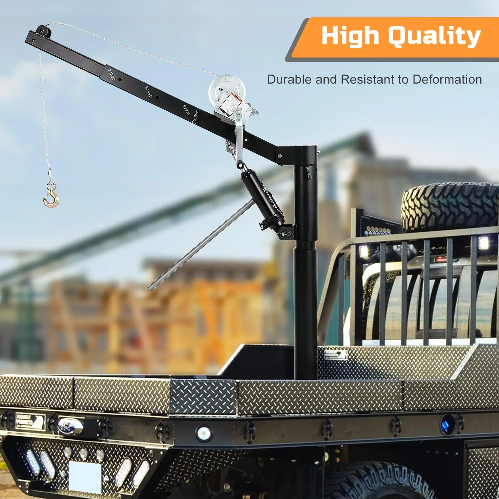 Heavy Duty Hydraulic Pickup Truck Crane Hoist 1000 LBS Capacity Manual Non-Electric Jib 360 Degree Swivel 4 Adjustable Load Levels For Cargo Warehouse Construction