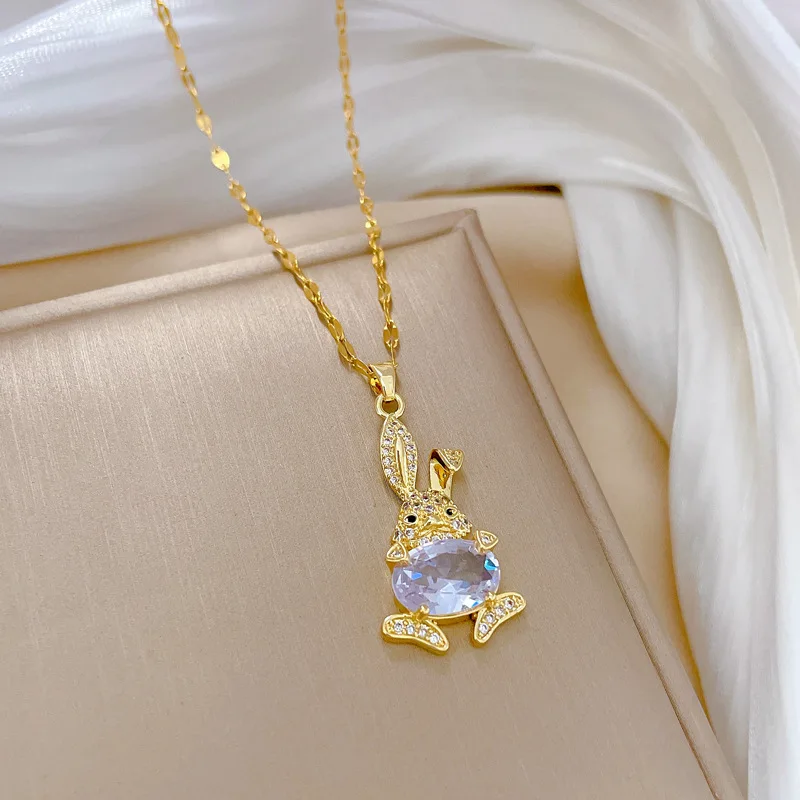 DIEYURO 316L Stainless Steel Rabbit Bunny Pendant Necklace For Women Girl New Luxury Zircon Clavicle Chain Jewelry Gift Party