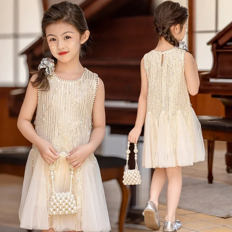 Beige baby girls dress Pearl tassel sequin vest Princess Party Dresses robe fille enfant Fashion Kids Birthday clothes 100-160