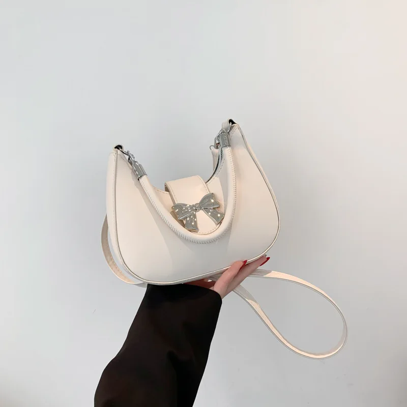 

Sweet Bow Pu Leather Shoulder Bags for Women Simple Solid Color Ladies Crossbody Saddle Bag Portable Girls Underarm Handbags