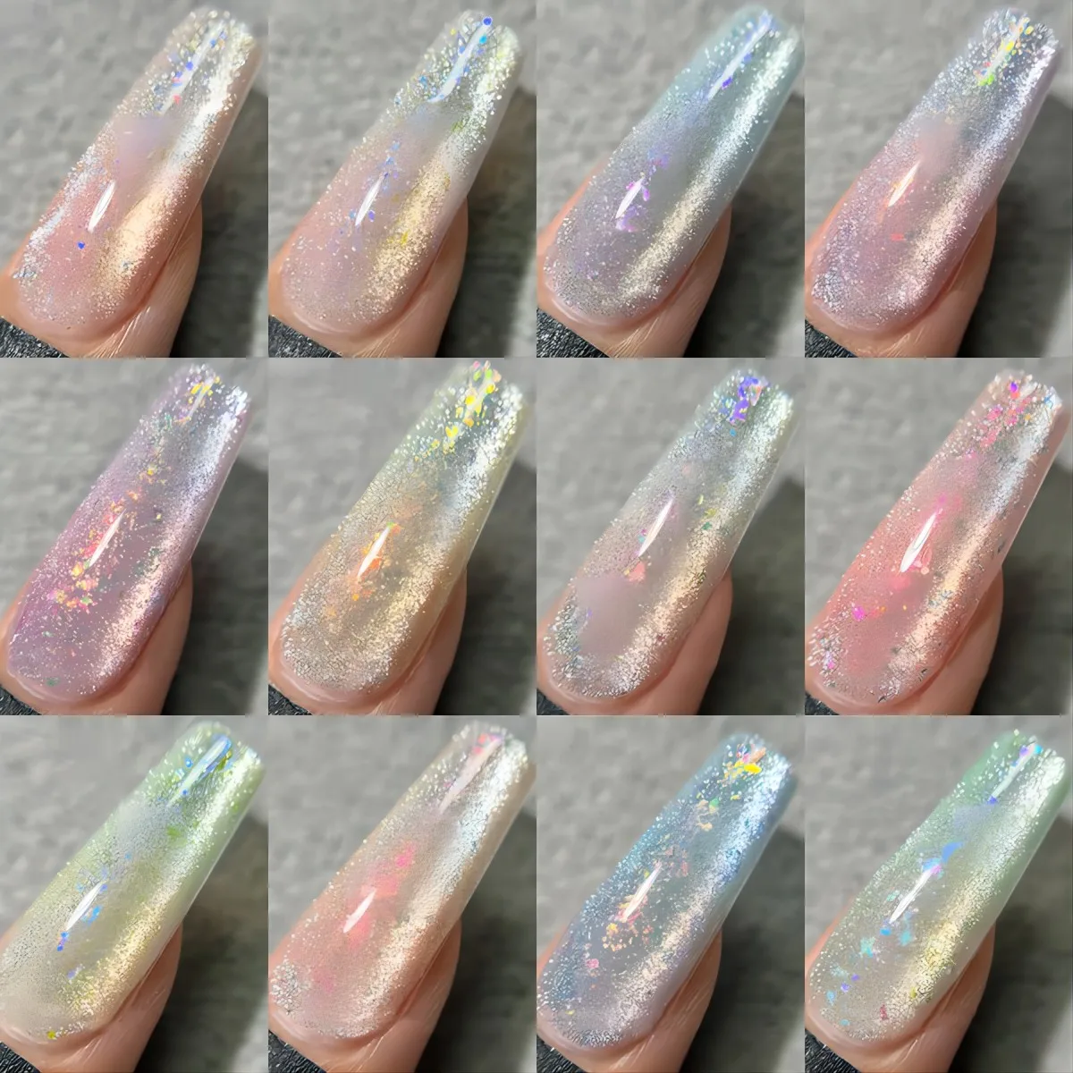 12pcs Summer Crushed Ice Glamorous Cat Eye Gel Nail Polish - Reflective Glitter, Holographic Laser Sparkle, Soak Off UV LED