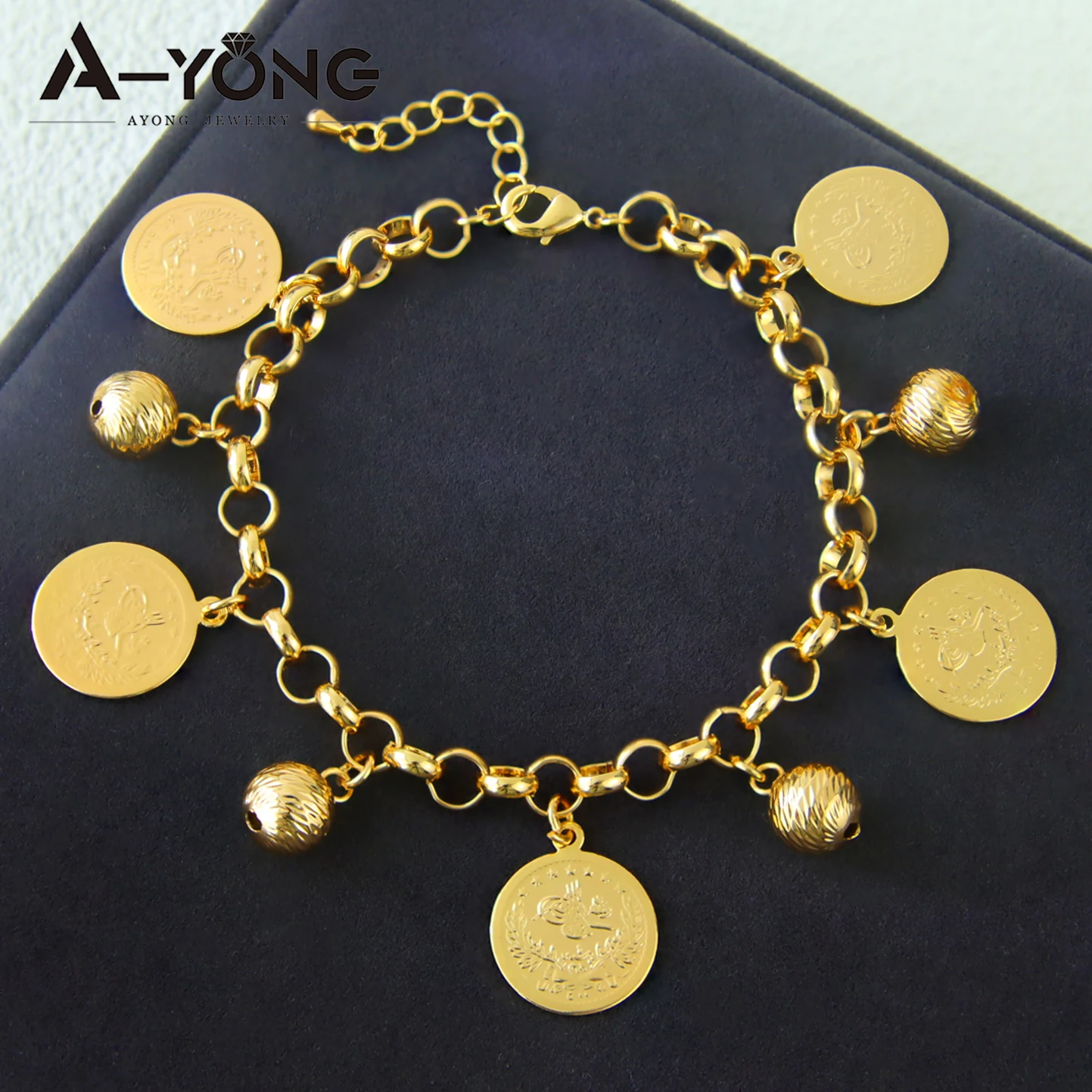Klassisches arabisches Goldmünzen-Anhänger-Armband, 21 Karat vergoldet, Algerien, Brautmode, Handketten, Dubai, Damen, Hochzeit, Party-Schmuck – Detail 11