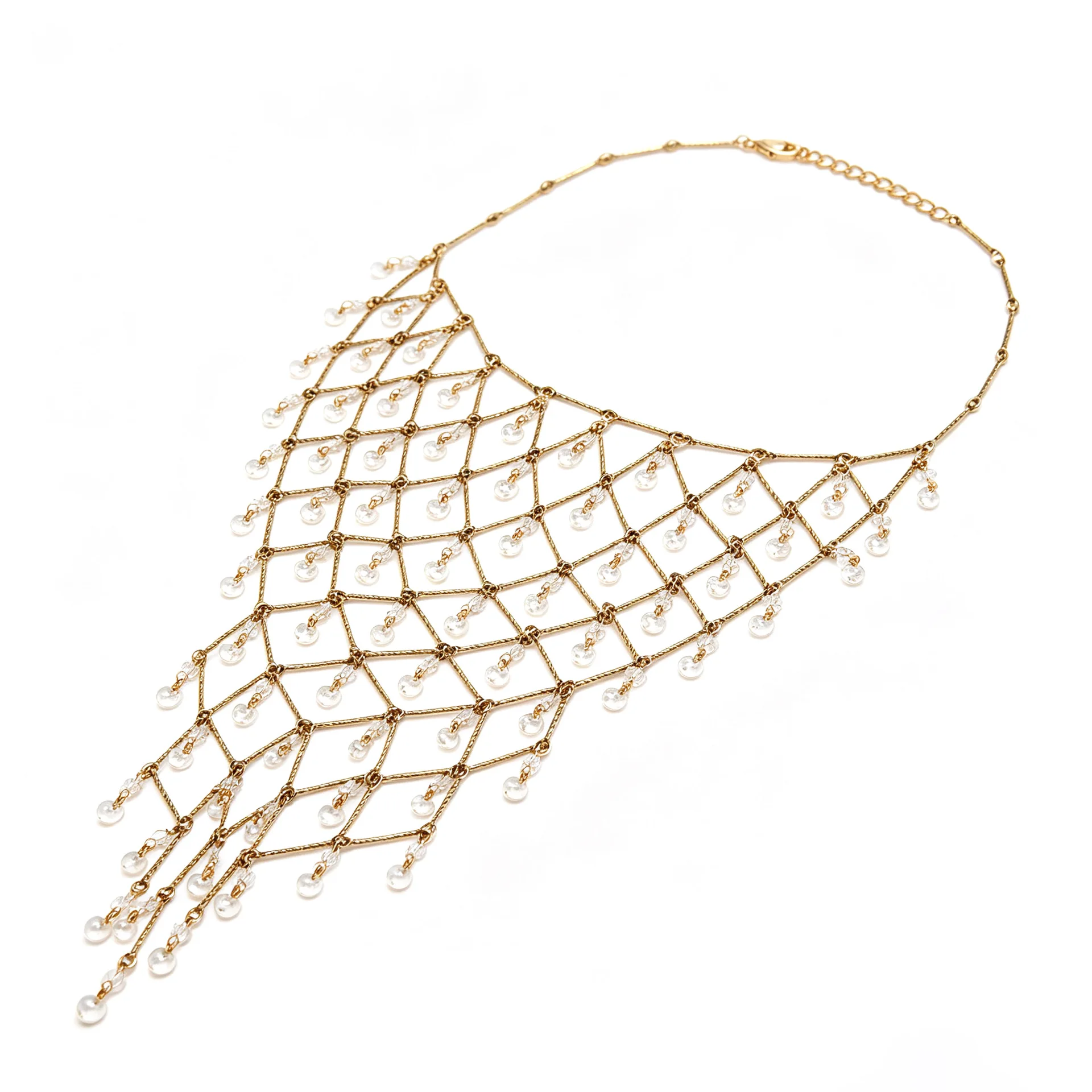 Bohemia Vintage Metallgitter-Kristall-Quasten-Anhänger-Halskette für Frauen, Tropfenförmige Perlen-Statement-Choker-Halskette Accessoires – Detail 5