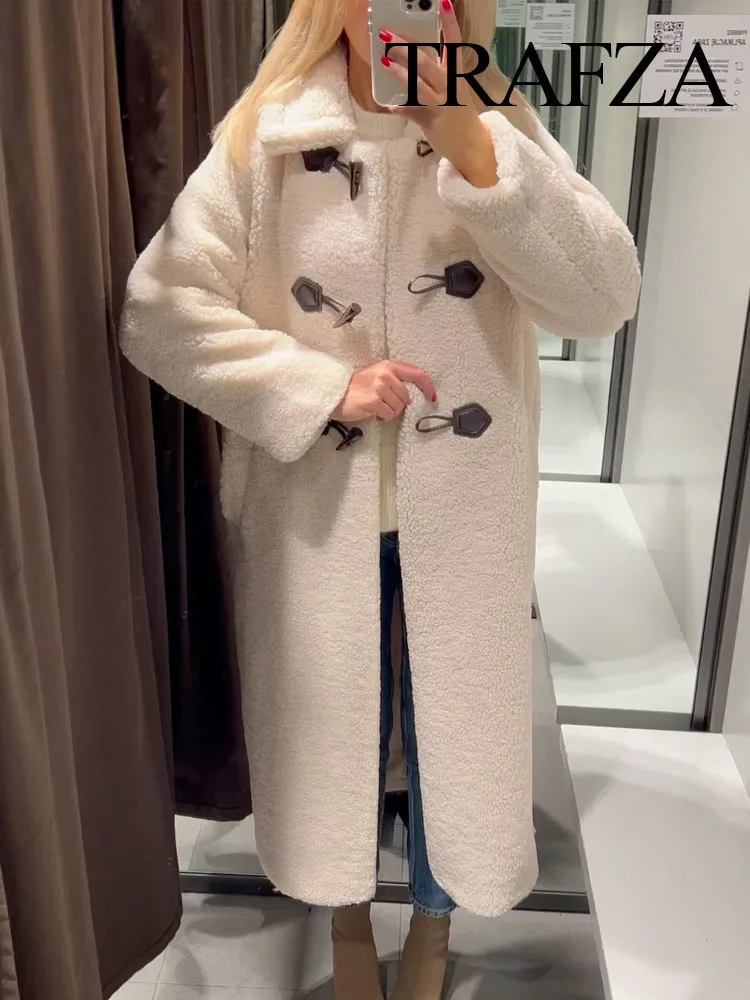 TRAFZA Women Fashion White Horn Button Coat Vintage Lapel Neck Long Sleeves Female Winter Chic Casual Thick Warm Fleece Overcoat