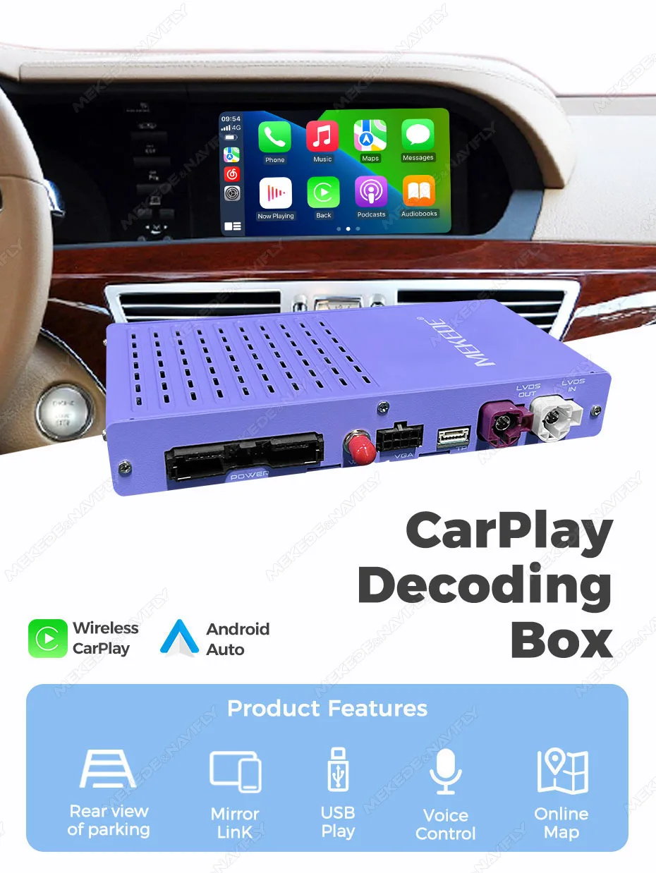 MEKEDE Neu eingetroffener kabelloser CarPlay Android Auto Decoder für Mercedes Benz S-Klasse W221 NTG3.0 NTG 3.5 BT Mirror Link Auto-Modul – Detail 7