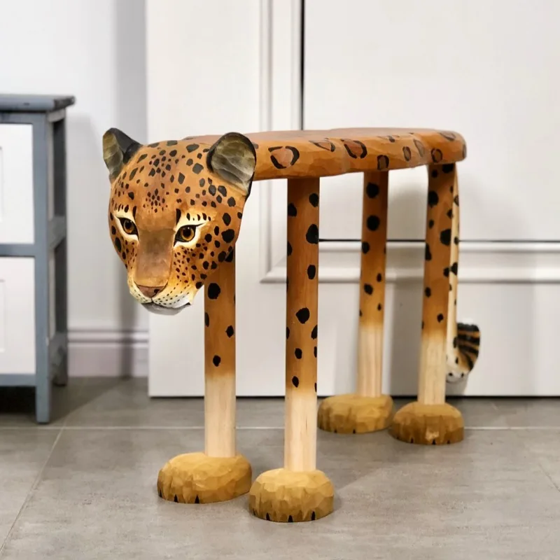

Solid wood hand-carved large animal children's shoe changing stool household