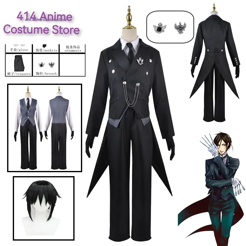 Sebastian Michaelis Cosplay Anime Black Butler Sebastian Michaelis Wig Black Swallowtail Uniform With Gloves Halloween Outfits