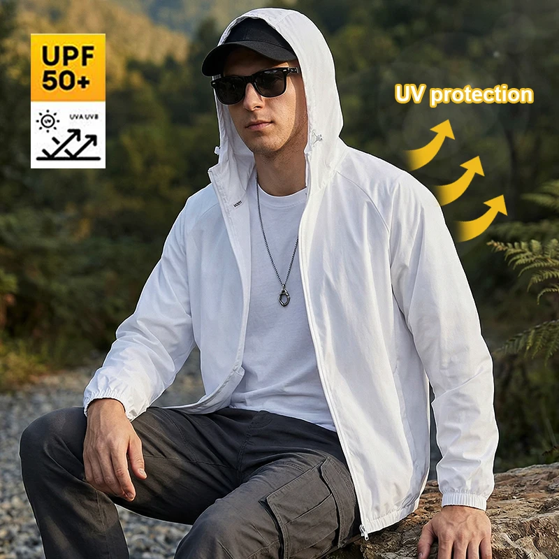 

Мужская легкая ветровка с капюшоном для защиты от солнца, быстросохнущая, дышащая, с защитой от УФ-излучения, для походов, бега, путешествий, пляжа