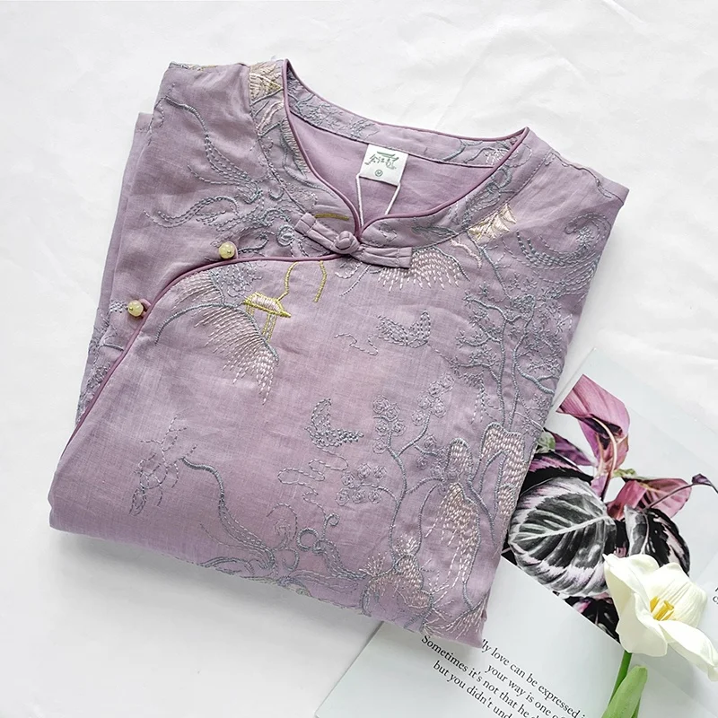 Ele New Chinese Sle irt المرأة تصميم صغير تحسس الوقوف طوق الجانب زر منتصف Sve قطنية عالية الجودة الوطنية Sle