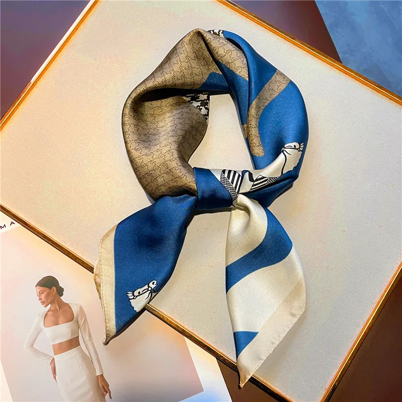 Luxury Brand Print Silk Square Scarf Women Soft Satin Horse Hairband Neckerchief Office Hijab Headband Foulard Bag Ribbons Gift