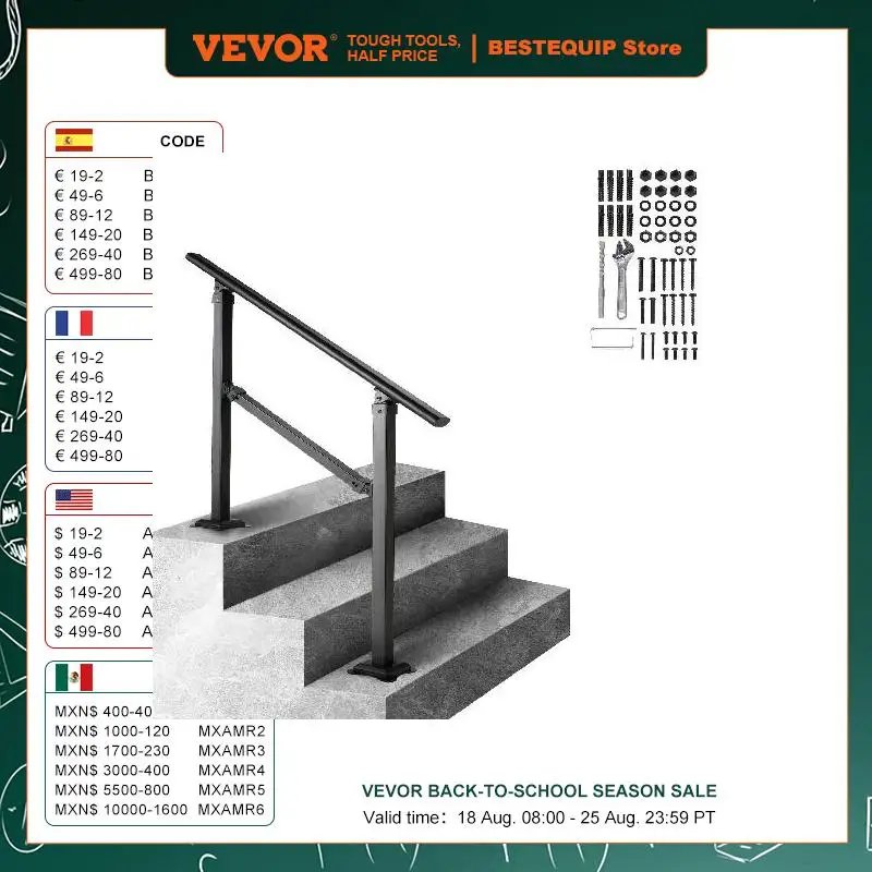 VEVOR 3 ft 3 Steps Stair Handrail Railing 0-50 Degree Adjustable Hand Rail with Installation Kit for Outdoor Wooden Floors Tiles