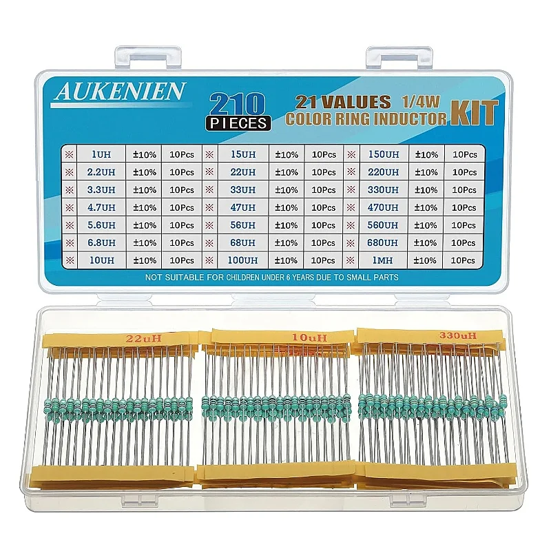 

AUKENIEN 1/4W Colour Ring Inductors 21 Values Inductor Kit 1uH to 1mH 210 Pieces 0307 DIP Colour Code Inductance 1/4 Watt