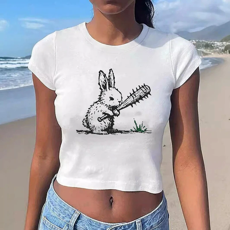 Harajuku Estetica Y2k Punk T-shirt Streetwear Moda Slim Manica corta Baby Tee Gotico Creativo Modello di coniglio Stampa Crop Top
