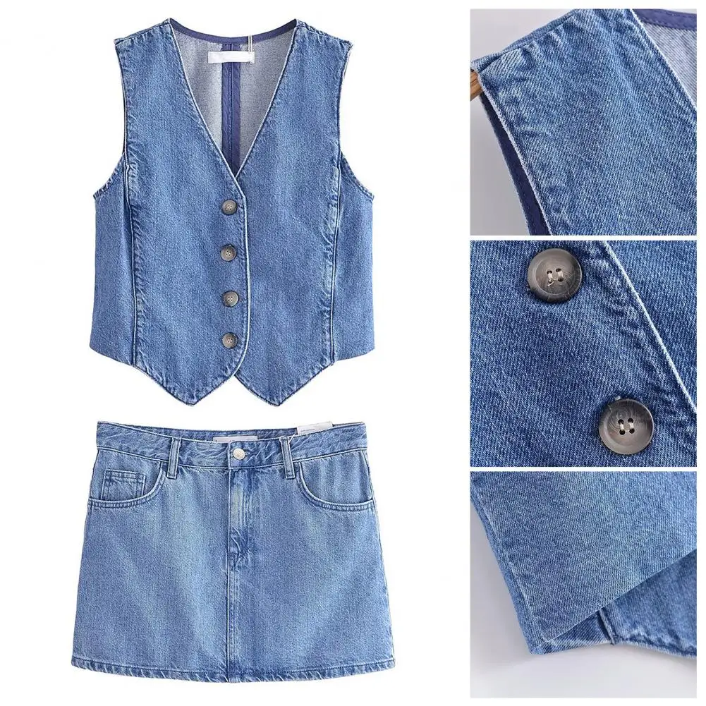 Summer New Women's Short Denim Vest Skirt Jacket Single Breasted Korean Slim Casual Jeans Vest Female Waistcoat Mini Skirt Set