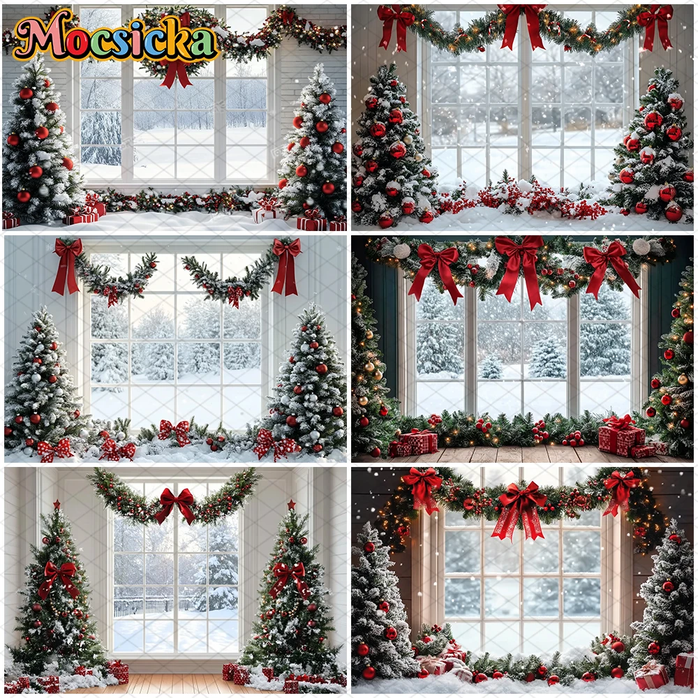Mocsicka Christmas Photography Background Family Festival Party Backdrops Home Xmas Tree Winter Snow Window Pattern Decor Banner