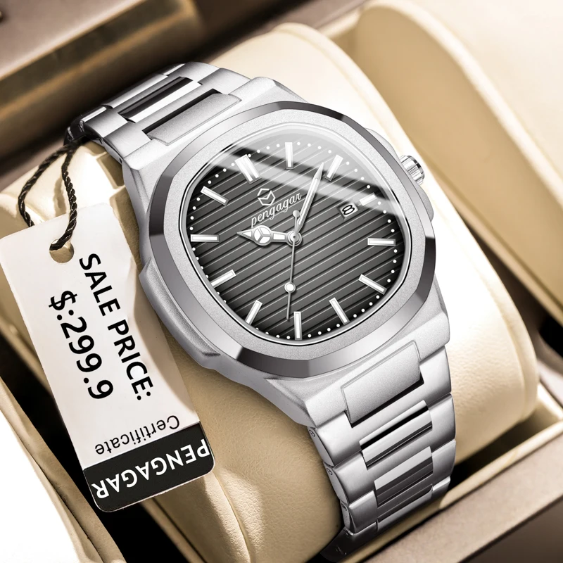 PENGAGAR Роскошные спортивные кварцевые мужские наручные часы Водонепроницаемые светящиеся мужские часы с датой недели Мужские часы из нержавеющей стали Мужские часы Reloj + коробка