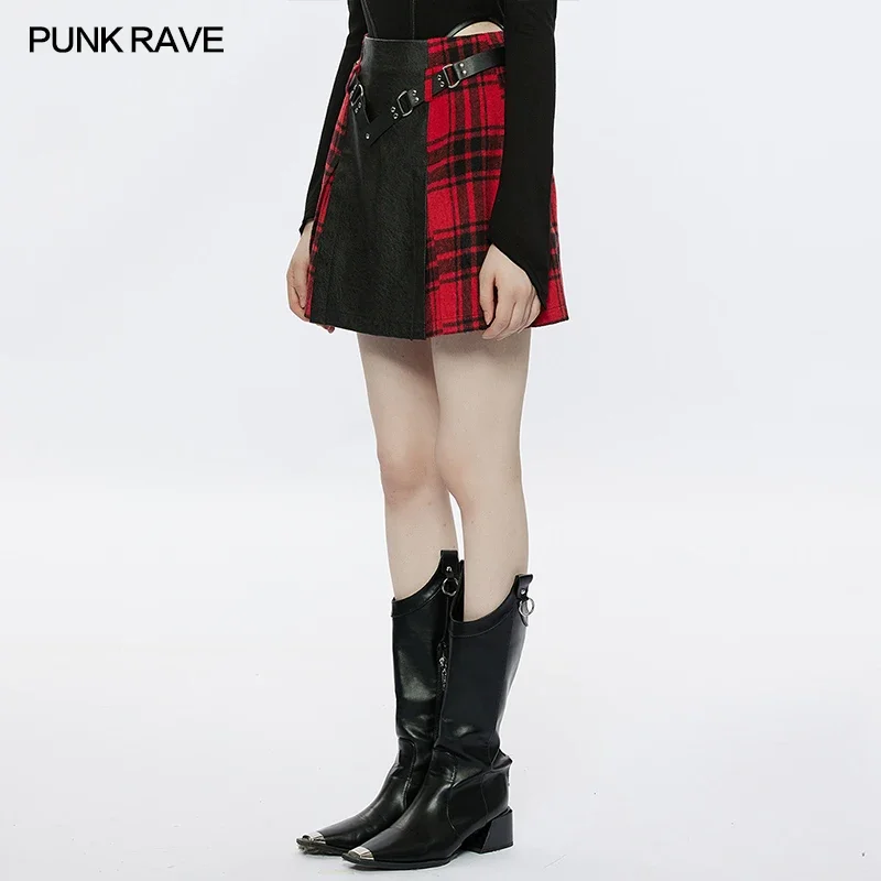 PUNK RAVE Women's Punk Black+red Plaid Splicing Skirt Rivet Metal Buckle Belt Daily A-Line Personality Mini Skirts