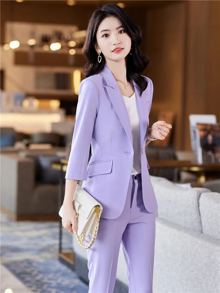 Women\'s Office Suit Fashion Blazer Pantsuit Simple Solid Color 2024 Spring Summer Half Sleeve Top + Trousers 2 Piece Set Blazer