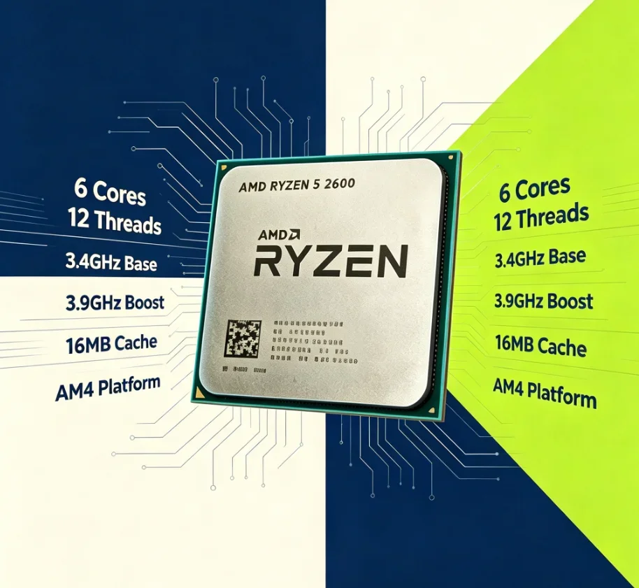 AMD Ryzen 5 2600 All-round Desktop Processor 12MB L3 Cache 65W TDP 12nm AM4 Socket 3.9GHz Boost Multi-task Daily Processing CPU