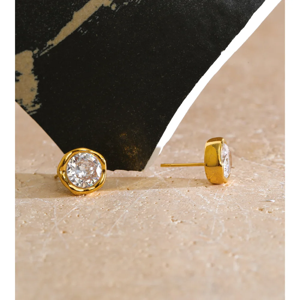 Yhpup Stainless Steel Cubic Zirconia Round Stud Earrings for Women High Quality Dainty Glamorous Gift Premium Jewelry