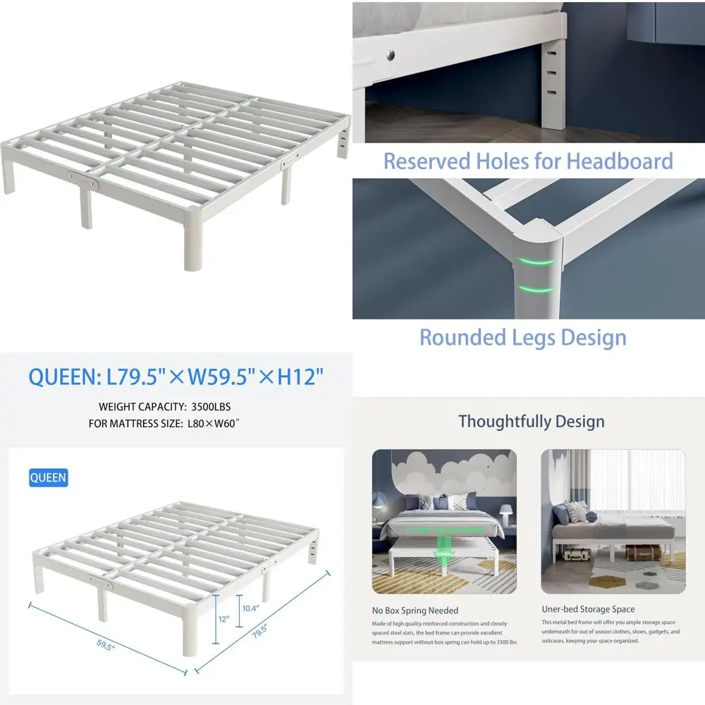 إطار سرير معدني أبيض بحجم كوين مع ارتفاع 12 بوصة، لا يتطلب صندوق زنبركي، هيكل فولاذي عالي التحمل يدعم ما يصل إلى 350