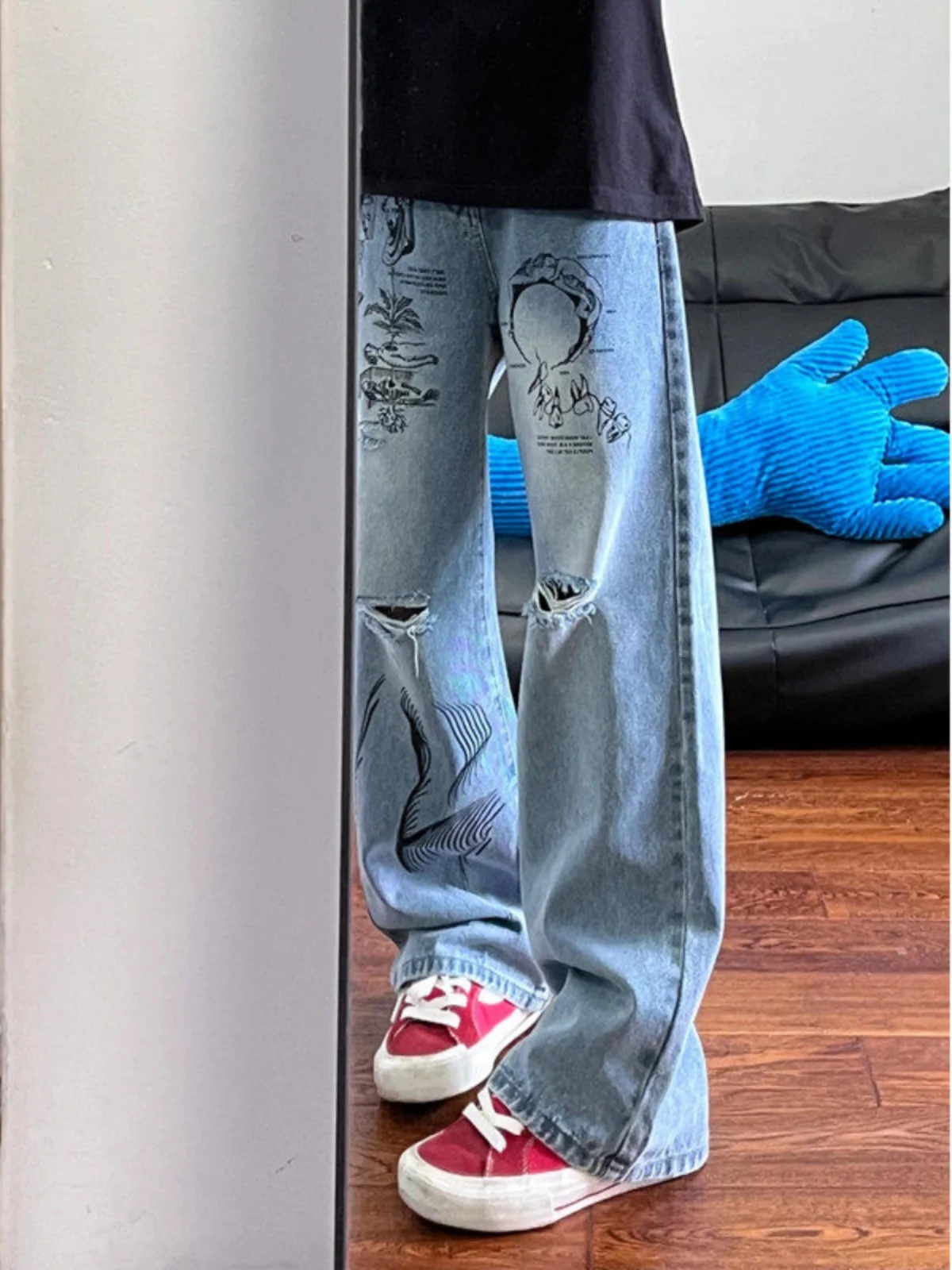 

Men's fiti Print Ripped Denim Jeans Faionable Urban Sle Loose Fit Straight Leg Water Waed Cotton Polyester Blend