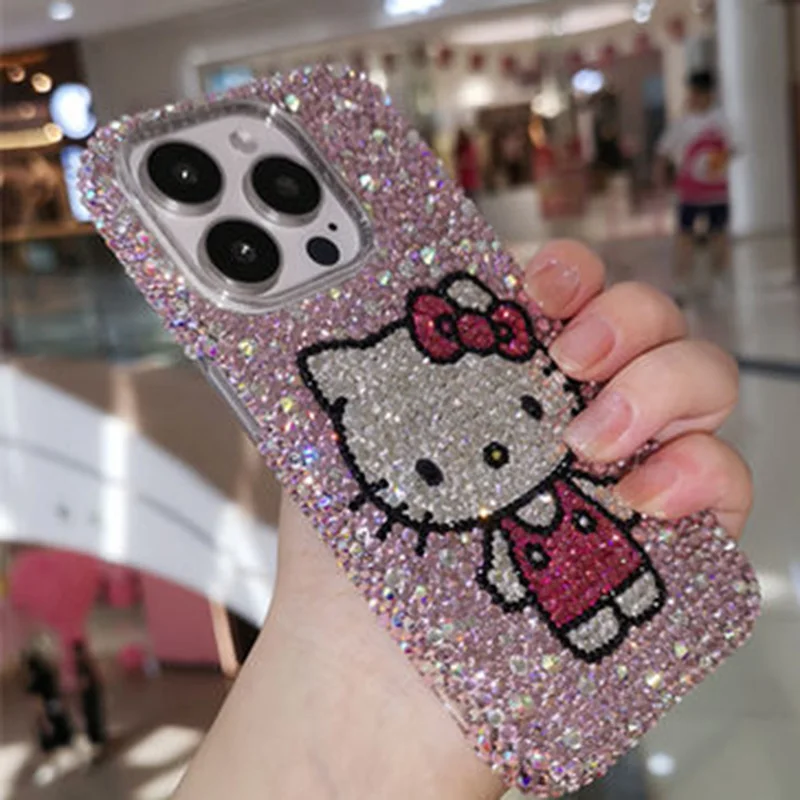 Cute Hello Kitty IPhone 16 Case Kawaii Sanrio Anime Pink Full Diamond IPhone15promax 14 13 12 Silica Gel Protective Shell Gifts