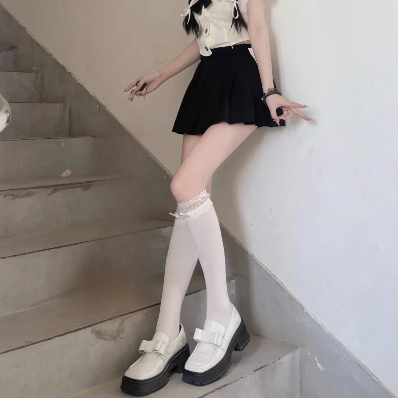 JK Lace Cute White Velvet Lolita Woman Socks Sexy Knee High Socks Kawaii Cosplay Anime Bowknot Nylon Mid calf Stockings Female