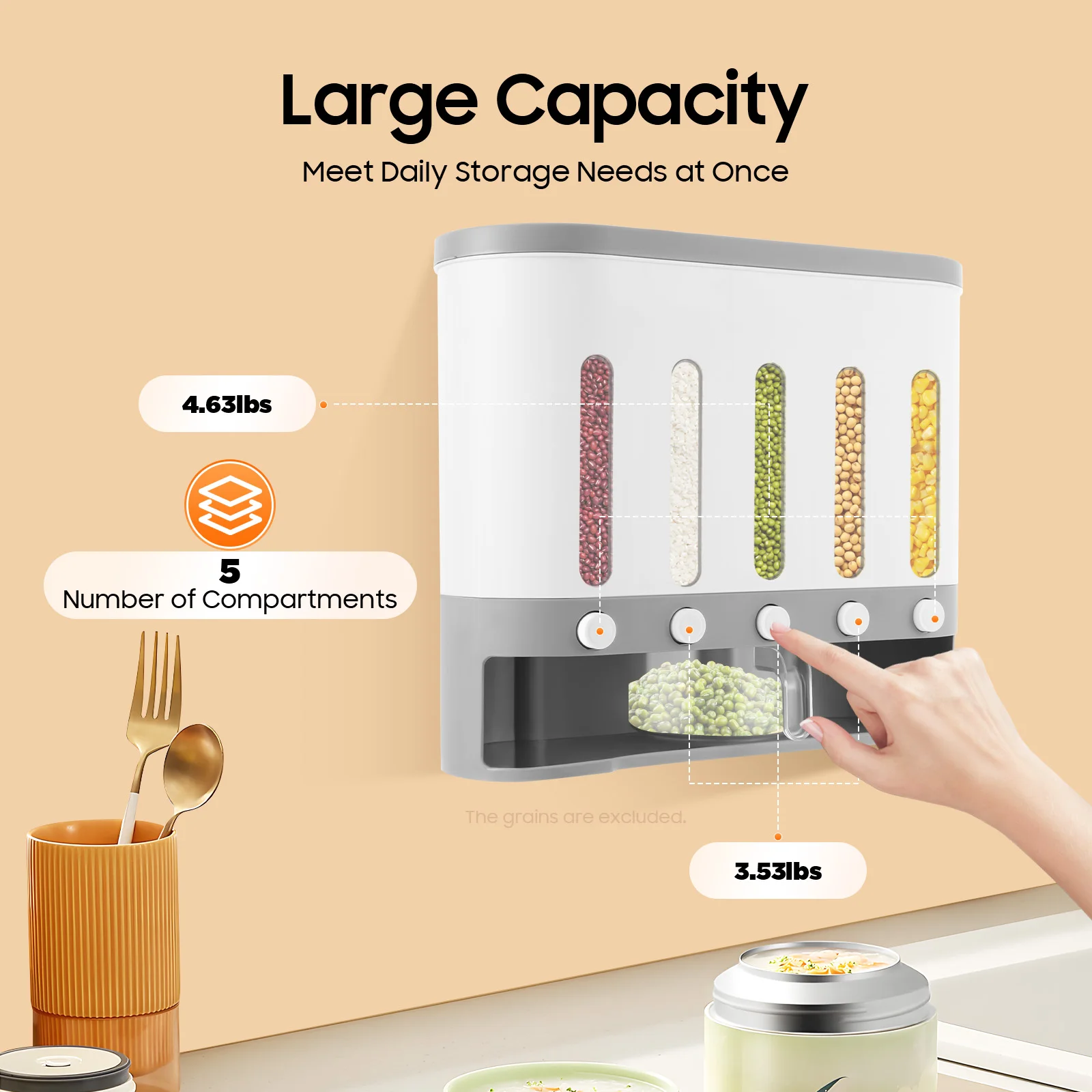 

Modern Wall Mounted and Tabletop Dry Food Dispenser with 5 Compartments for Kitchen Storage