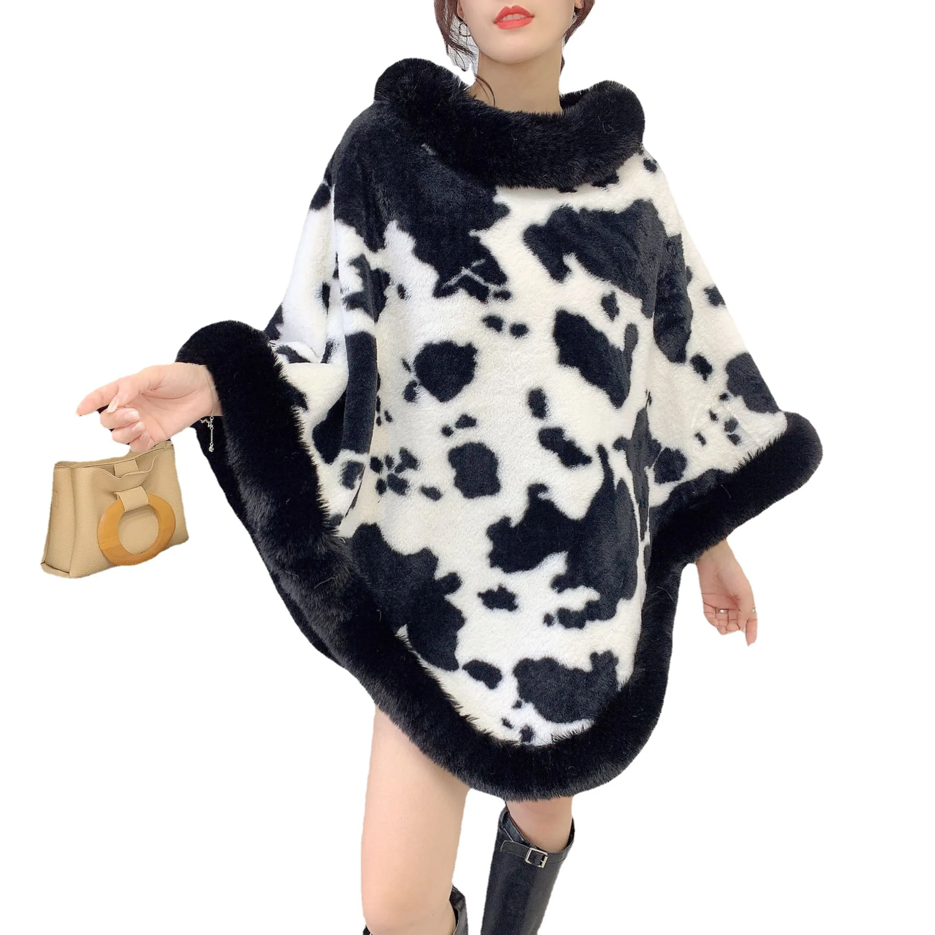 Imagem -06 - Vaca Feminina Impresso Veludo Poncho Capes o Neck Pele de Coelho Falso Pulôver Xale Sobretudo Solto Forro Quente Streetwear Inverno Novo