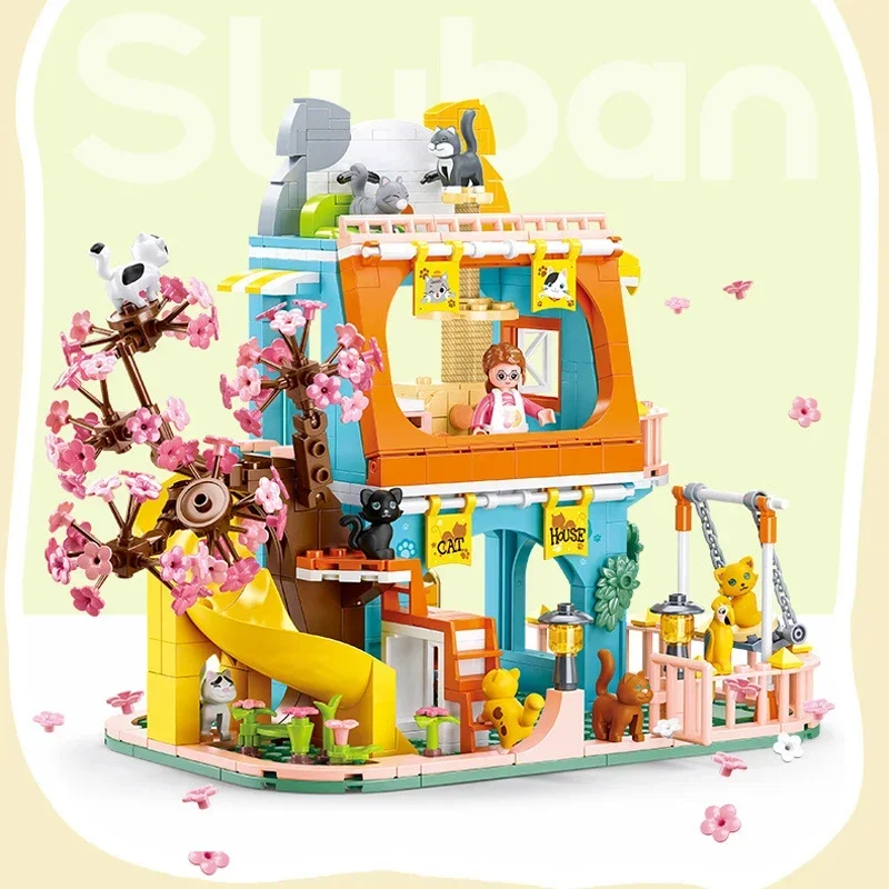 Sluban Friends City Cat Hotel Sets Girl A-Frame Pet House Apartment Garden Villa Sakura Tree Building Blocks Animal Toy Kid Gift