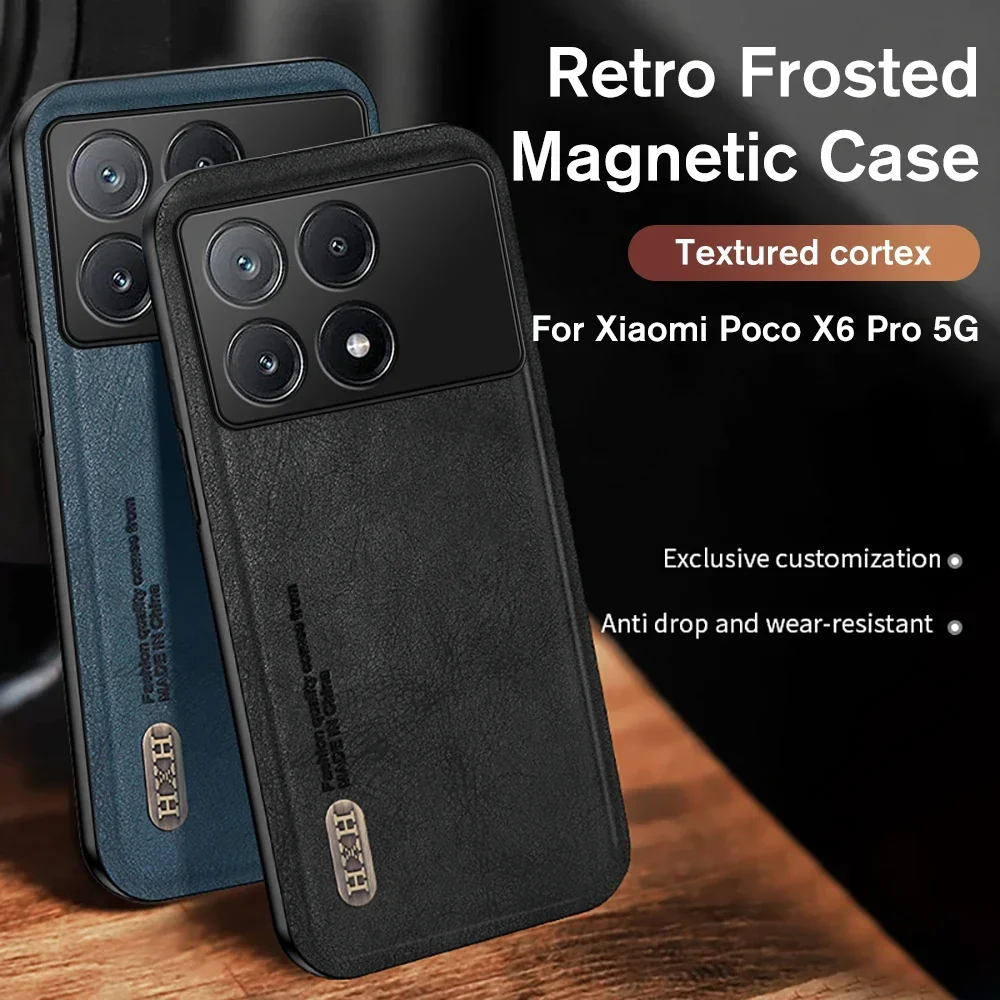 Retro Matte Leather Texture Case For Xiaomi Poco X6 Pro Little X6Pro PocoX6 PocoX6Pro X 6 5G Car Magnet Camera Shockproof Cover