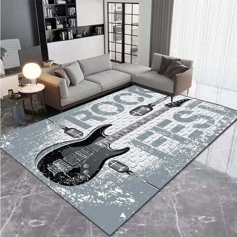 Guitar Microphone Brick Wall Rock Fest Flannel Rug Music Theme Non-slip Floor Mat for Living Room Bedroom Home Decor
