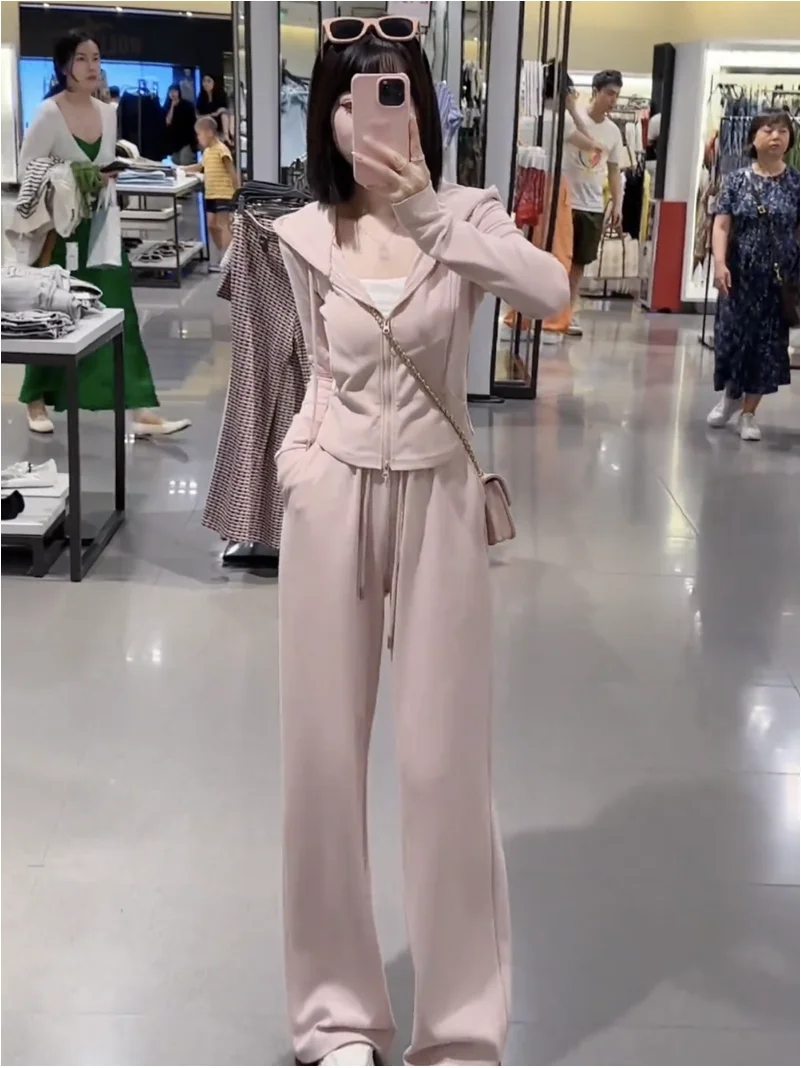 

Осенний комплект 2025: женский премиум-худи с длинным рукавом и брюки с высокой талией и широкими штанинами, повседневный спортивный костюм из полиэстера на молнии