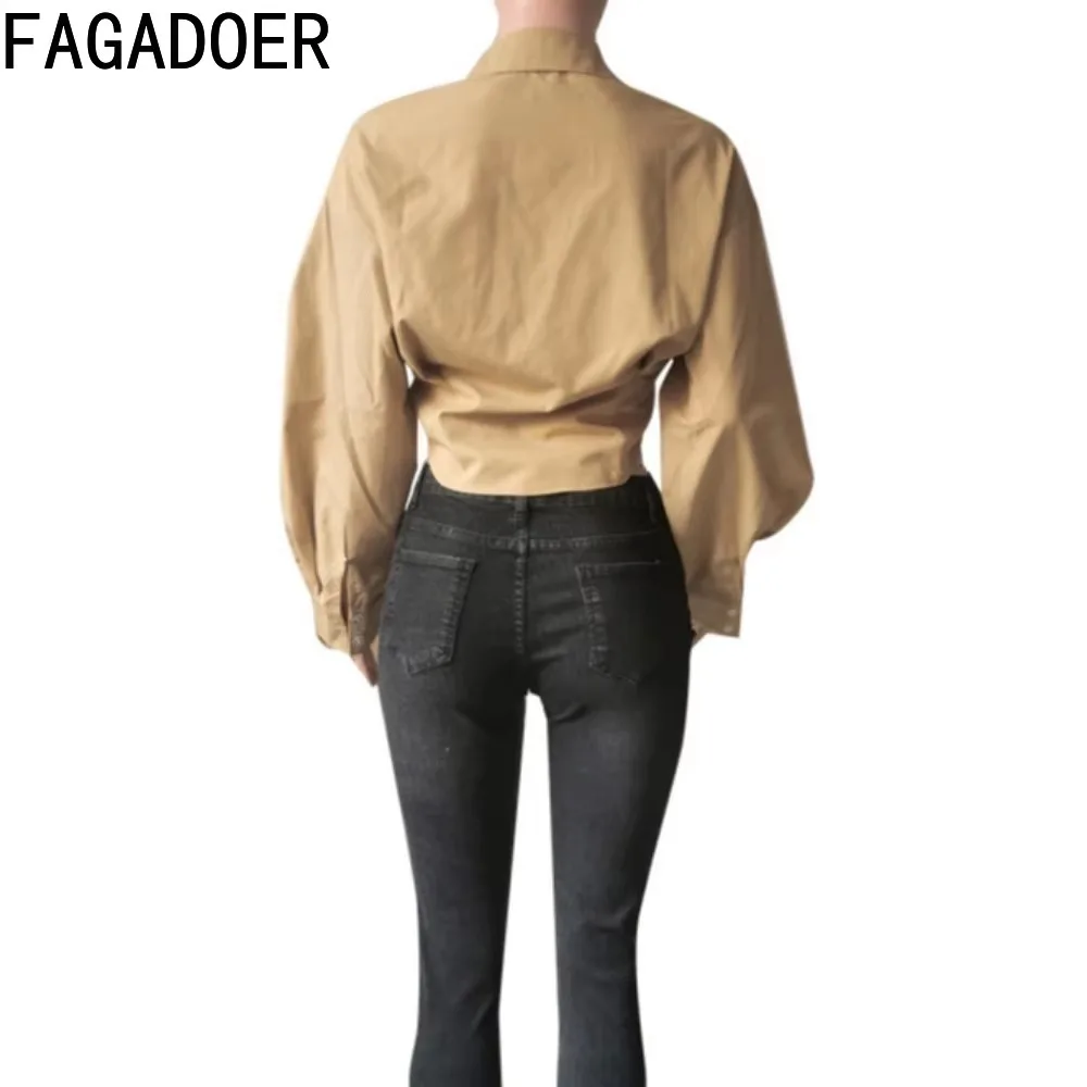 FAGADOER Spring New 2025 Fashion Shirt Women Solid Color Lantern Sleeve Chic Tunic Buttons Crop Top Female Streetwear Clothing