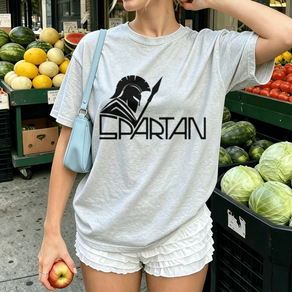 Spartan Warrior Helmet Spear Graphic T‑Shirt Cotton Ancient Greece Sparta Soldier Silhouette Vintage Casual Daily Streetwear Top